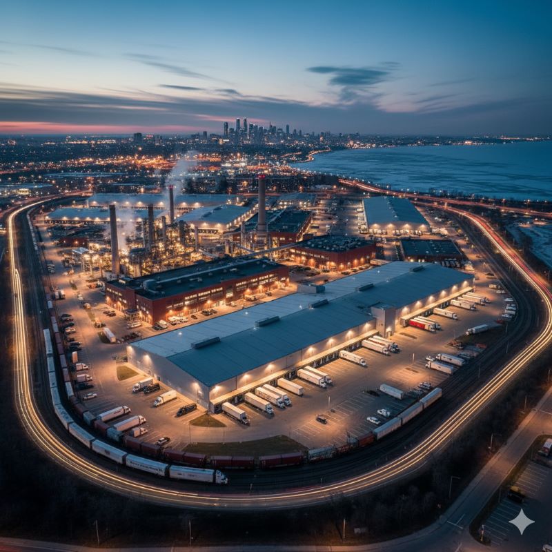 北米市場への戦略的集約を象徴する大規模な物流拠点と工場の風景