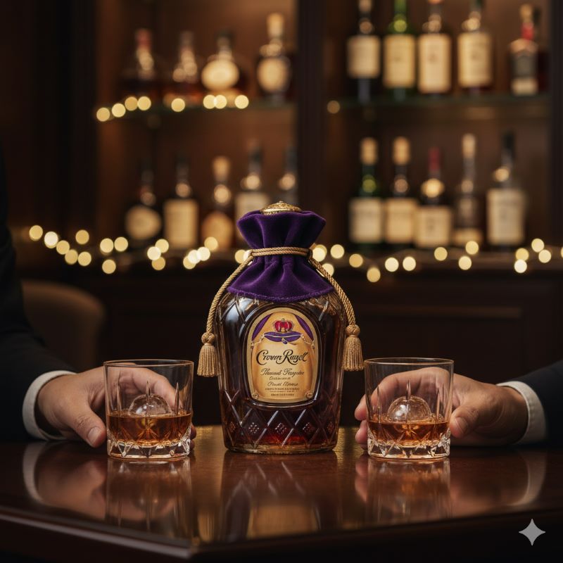 クラウンローヤルのボトルとポーチ、グラスが並ぶ上質な時間
