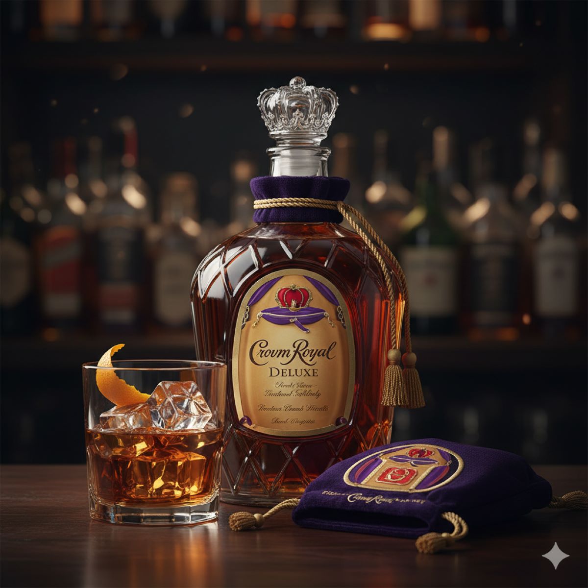 高級感のある木製カウンターに置かれた王冠型のクラウンローヤルと、紫色のベルベット袋、そして氷が入ったウイスキーグラスのアイキャッチ画像