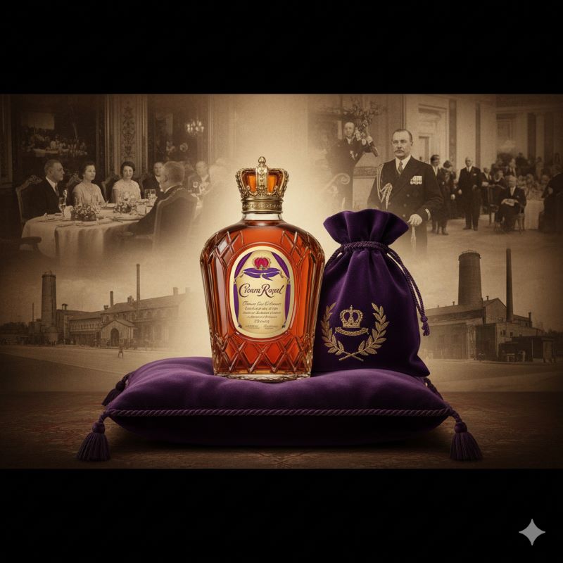 紫のベルベットクッションに置かれた王冠型の高級ウイスキーボトルと歴史を感じさせる背景