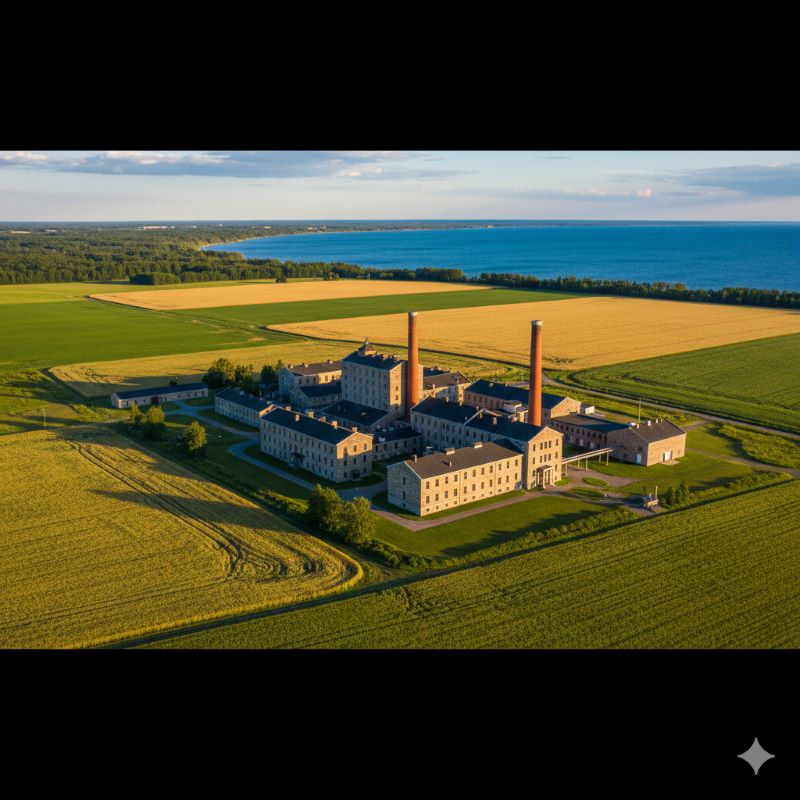 カナダ・マニトバ州のウィニペグ湖畔に佇む広大なウイスキー蒸留所と美しい自然景観