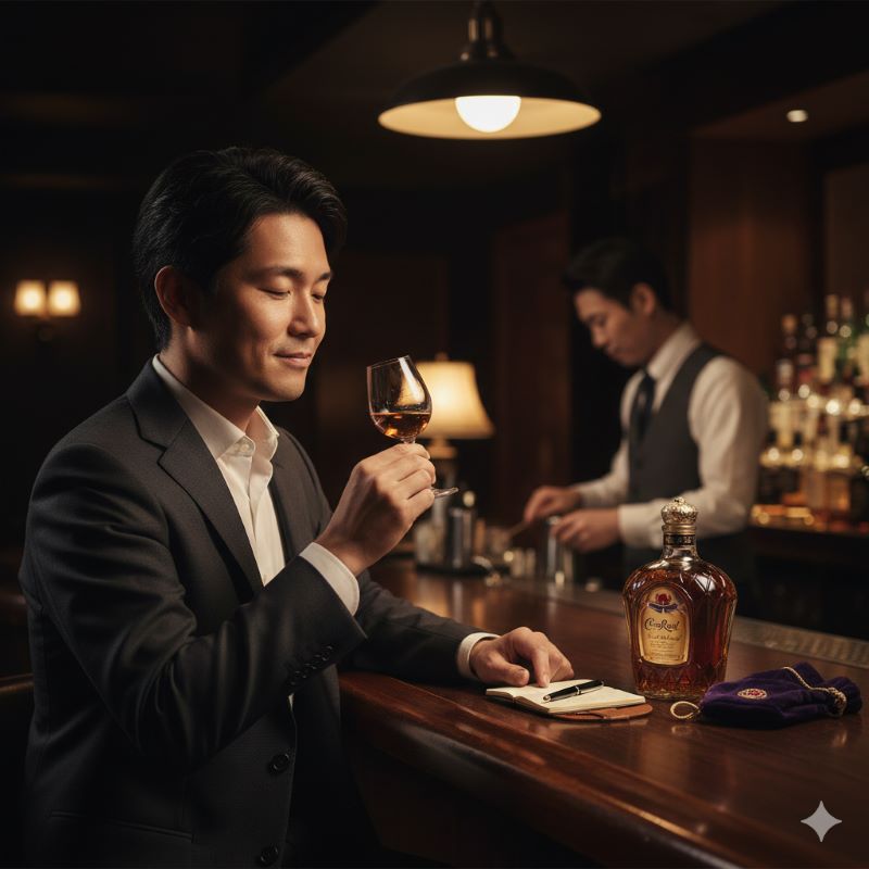 ウイスキーの香りを楽しみながら、落ち着いたバーでテイスティングをする日本人の男性