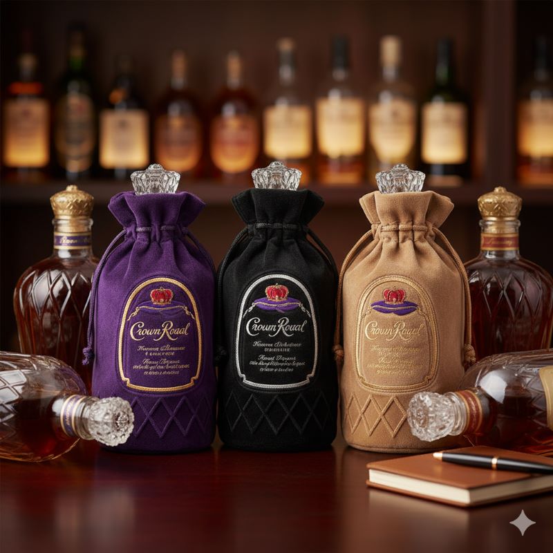 紫や黒、タン色のベルベット袋が添えられた、様々な種類のウイスキーボトルが並ぶ様子