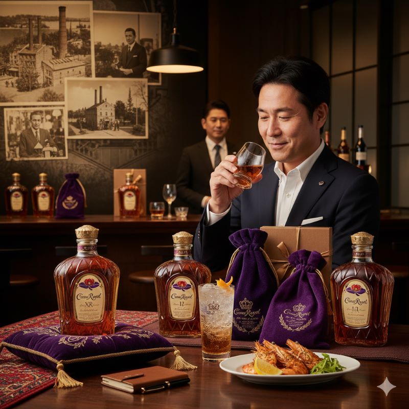 お祝いの席で、紫色の袋に入った特別なウイスキーを贈答品として手渡す日本人