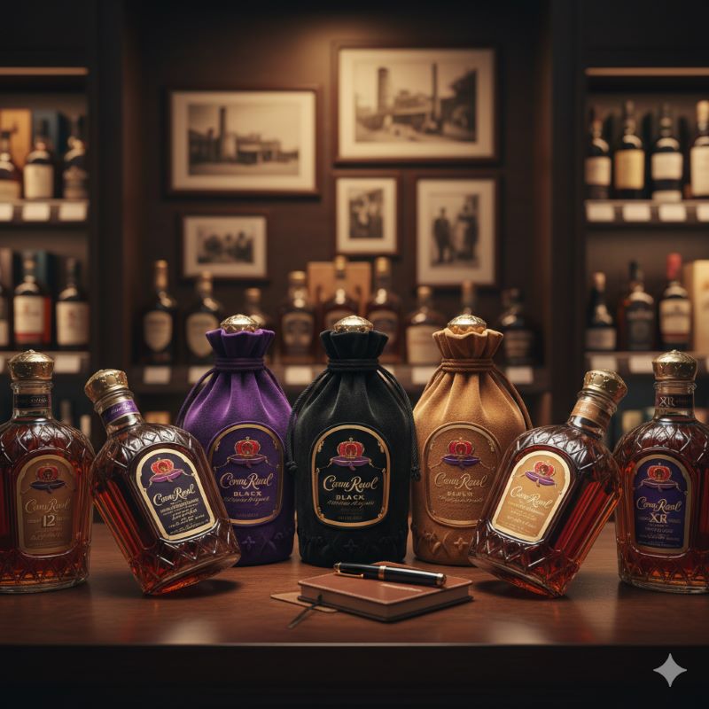日本の輸入酒専門店に美しく並べられたクラウンローヤルの各ラインナップ