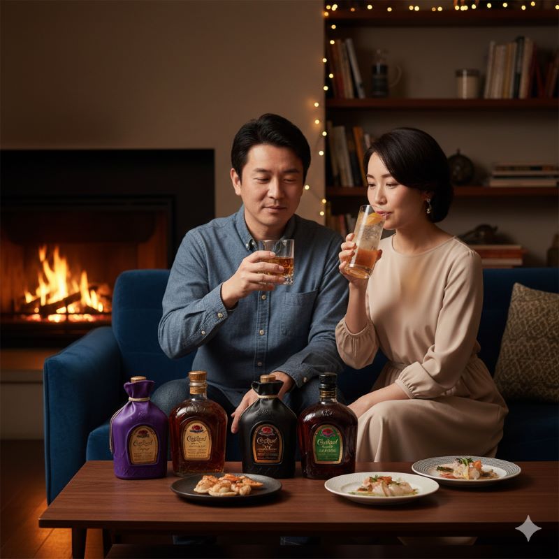 自宅のリラックスした空間で、ウイスキーを楽しむ日本人の男女