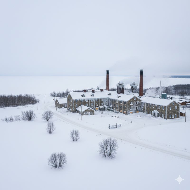 カナダの厳しい冬の景色の中に立つ、歴史あるウイスキー蒸留所の建物