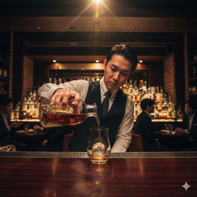 日本の高級バーでプロのバーテンダーが丁寧にウイスキーを注ぐ様子