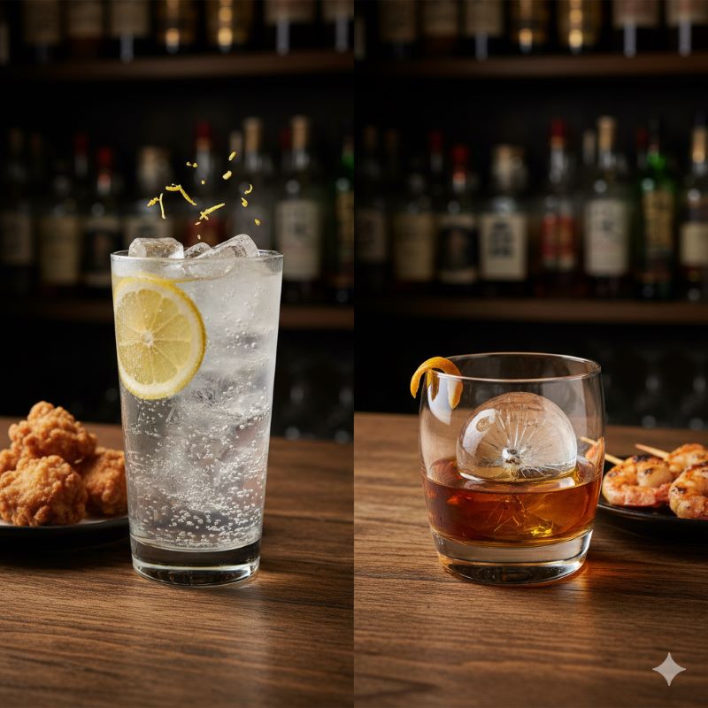 爽快なハイボールと大きな氷のロックウイスキーの比較写真