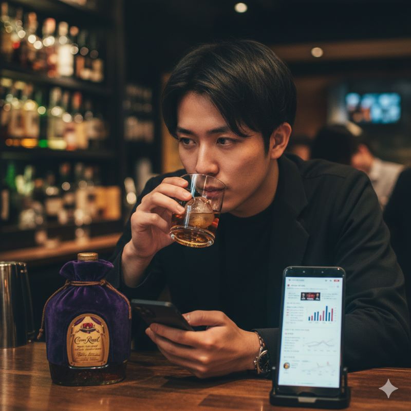 ネットの口コミを調べながらウイスキーの味を確かめる日本人の若者