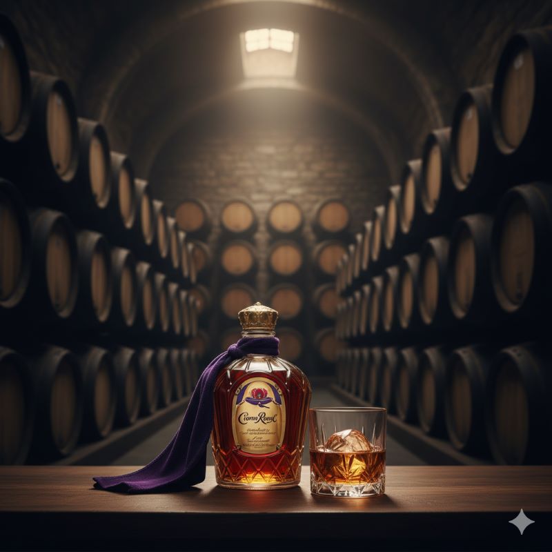 熟成樽が並ぶ貯蔵庫を背景にした、高級感溢れるウイスキーのボトルとグラス
