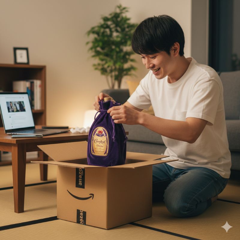 通販で購入したウイスキーが届き、自宅で嬉しそうに開封する日本人