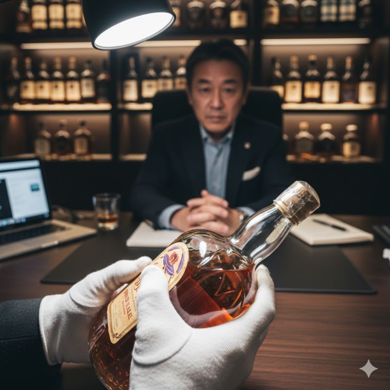 白手袋をはめた専門家がウイスキーのボトルを丁寧に査定する様子