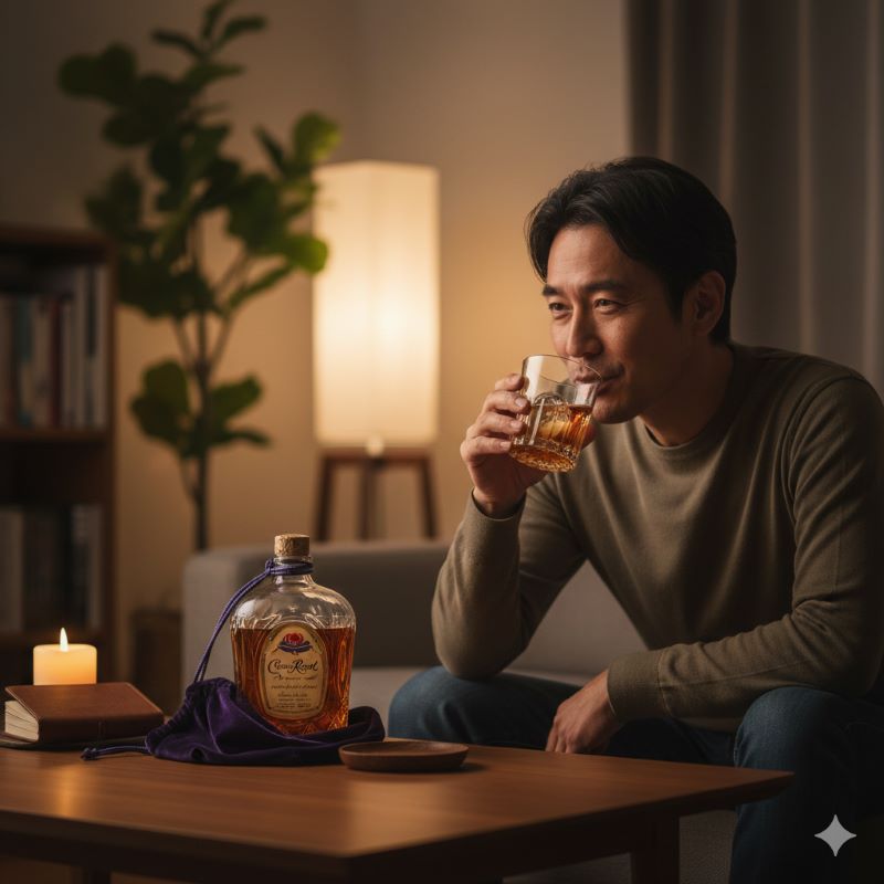 納得のいく一杯を見つけ、夜のリラックスタイムにウイスキーを楽しむ日本人の大人