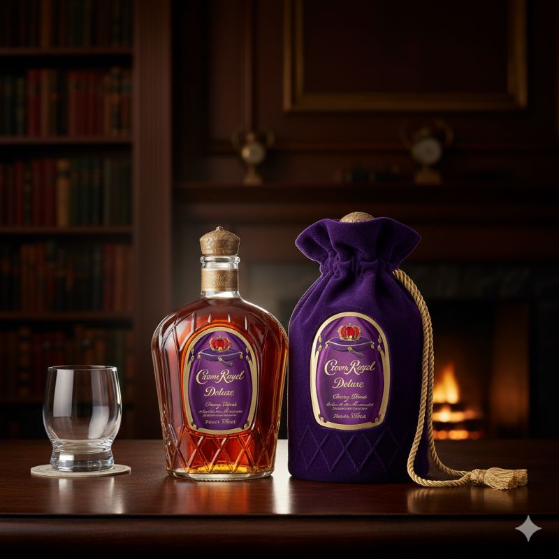 王冠型のボトルと象徴的な紫色の巾着袋が並ぶクラウン ローヤルのイメージ画像