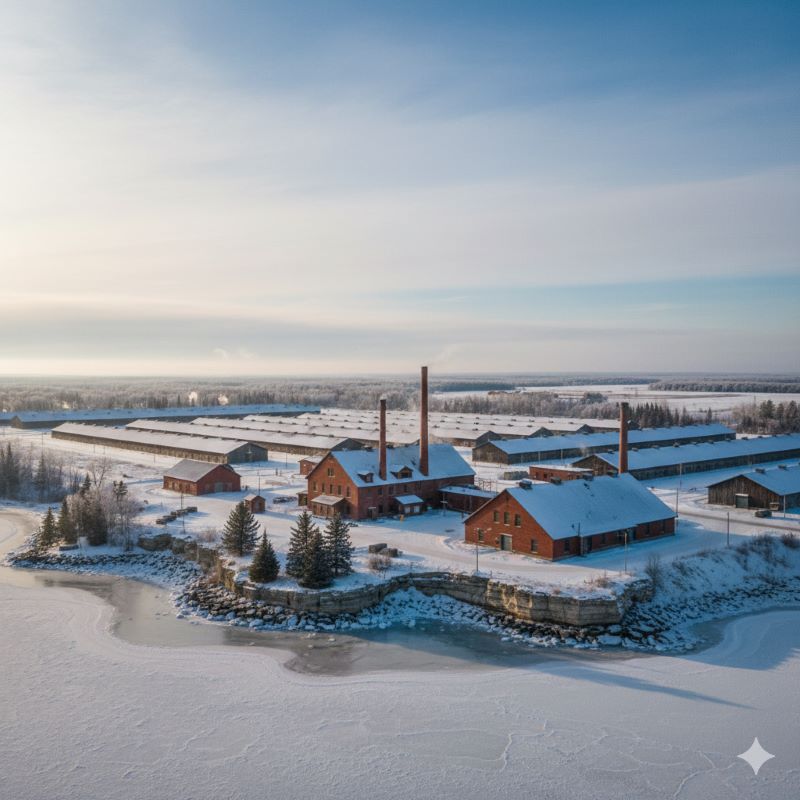 カナダのマニトバ州ウィニペグ湖畔に位置するギムリ蒸留所と広大な熟成庫の風景