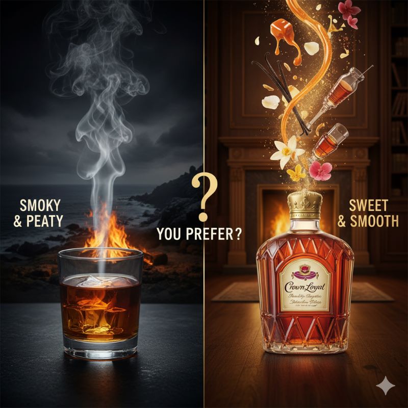 スモーキーなウイスキーと、クラウン ローヤルの特徴であるバニラ・キャラメル感の対比イメージ