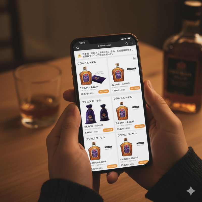 スマートフォンでクラウン ローヤルの販売情報を確認する日本人の手元