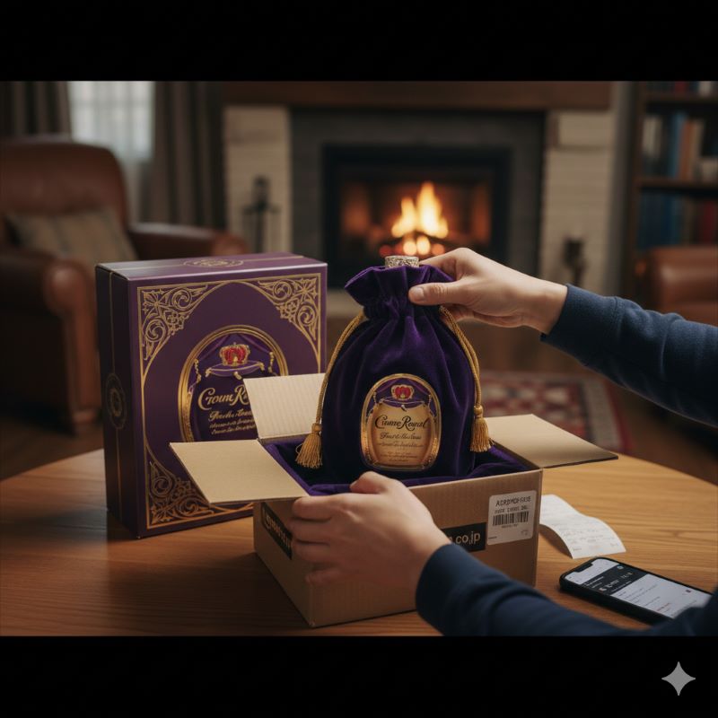 ネット通販で届いたクラウン ローヤルの付属品(外箱・紫の袋)を確認する様子