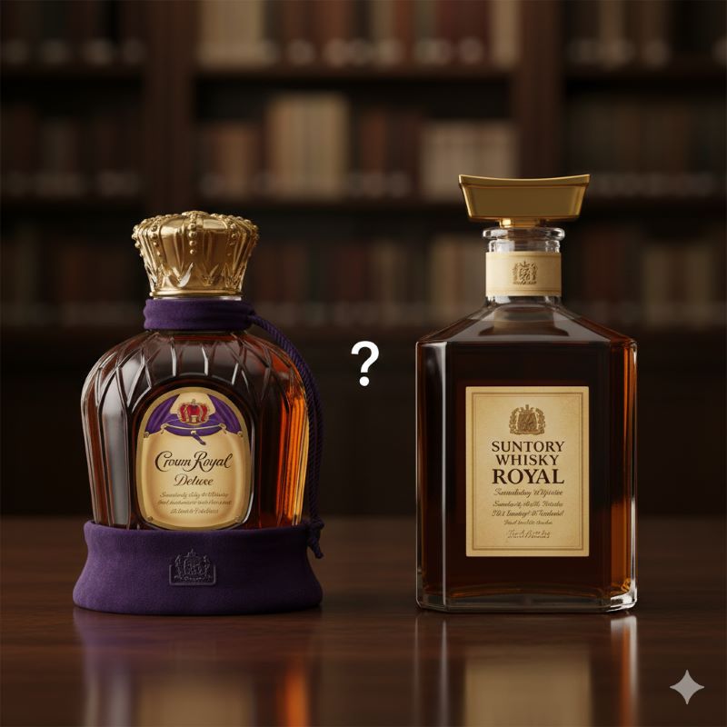 カナダのクラウン ローヤルと、形状が全く異なる日本のウイスキー ローヤルの比較