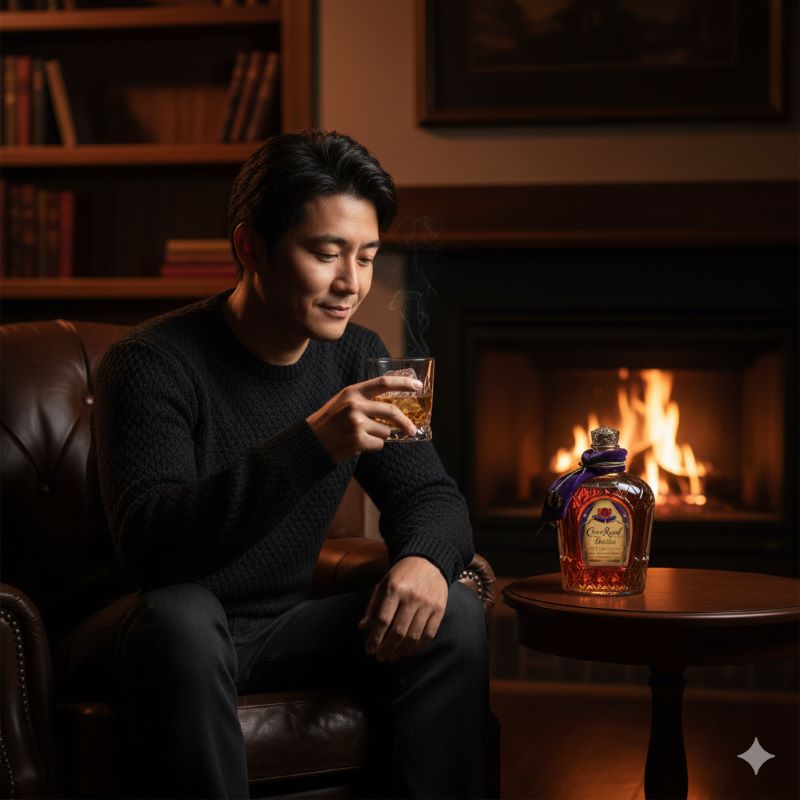 自宅のリラックスした空間でクラウン ローヤルを楽しむ日本人男性