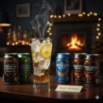 木製テーブルの上に置かれた、たっぷりの純氷とレモンが添えられた冷たくて美味しそうなハイボール。背景にはプレミアムなハイボール缶が並び、2026年の人気ランキングと自宅での贅沢な時間を象徴するアイキャッチ画像。