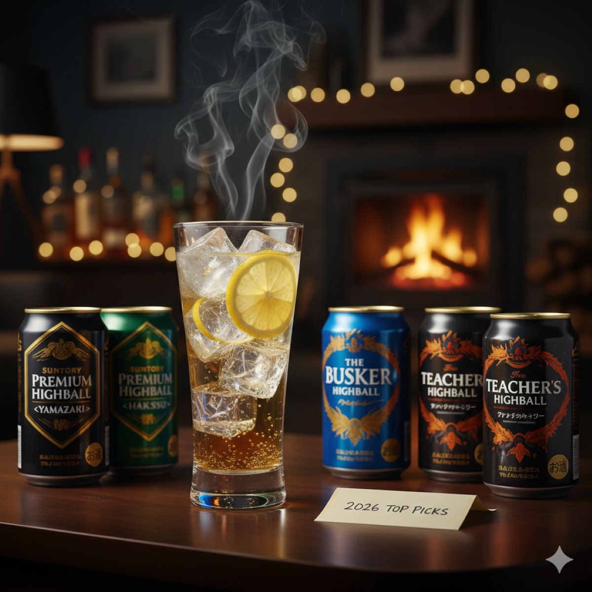 木製テーブルの上に置かれた、たっぷりの純氷とレモンが添えられた冷たくて美味しそうなハイボール。背景にはプレミアムなハイボール缶が並び、2026年の人気ランキングと自宅での贅沢な時間を象徴するアイキャッチ画像。