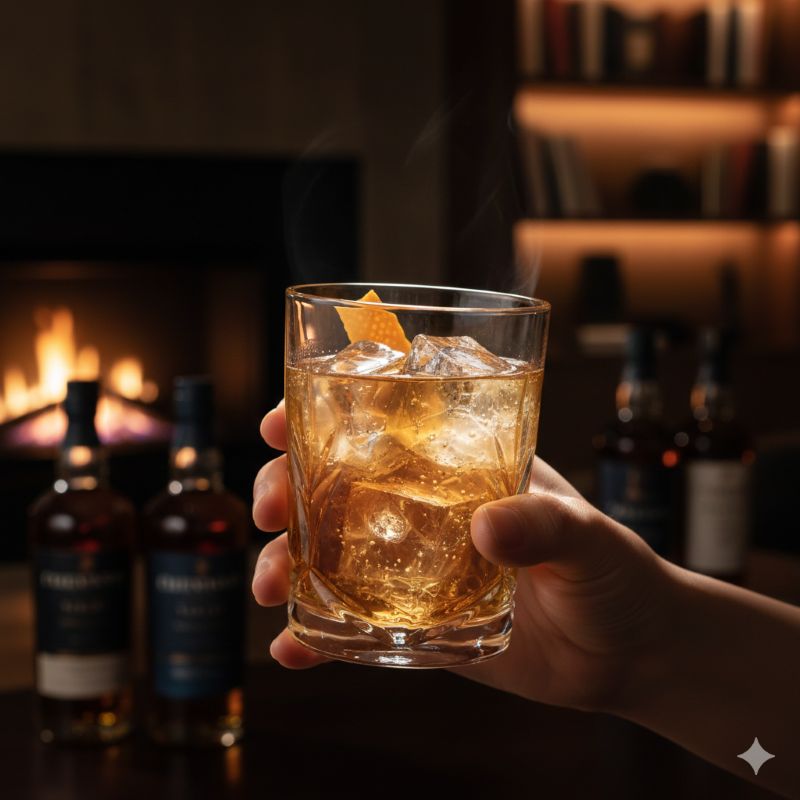 洗練された雰囲気の室内で、琥珀色のプレミアムハイボールが入ったクリスタルグラスを嗜む日本人の手元。至高の体験を演出する照明。