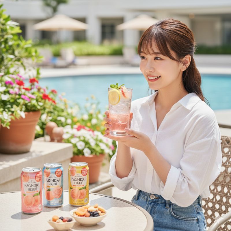 明るい午後のテラスで、ももやレモンを添えたフルーティーなハイボールを楽しみながら笑顔を見せる若い日本人の女性。