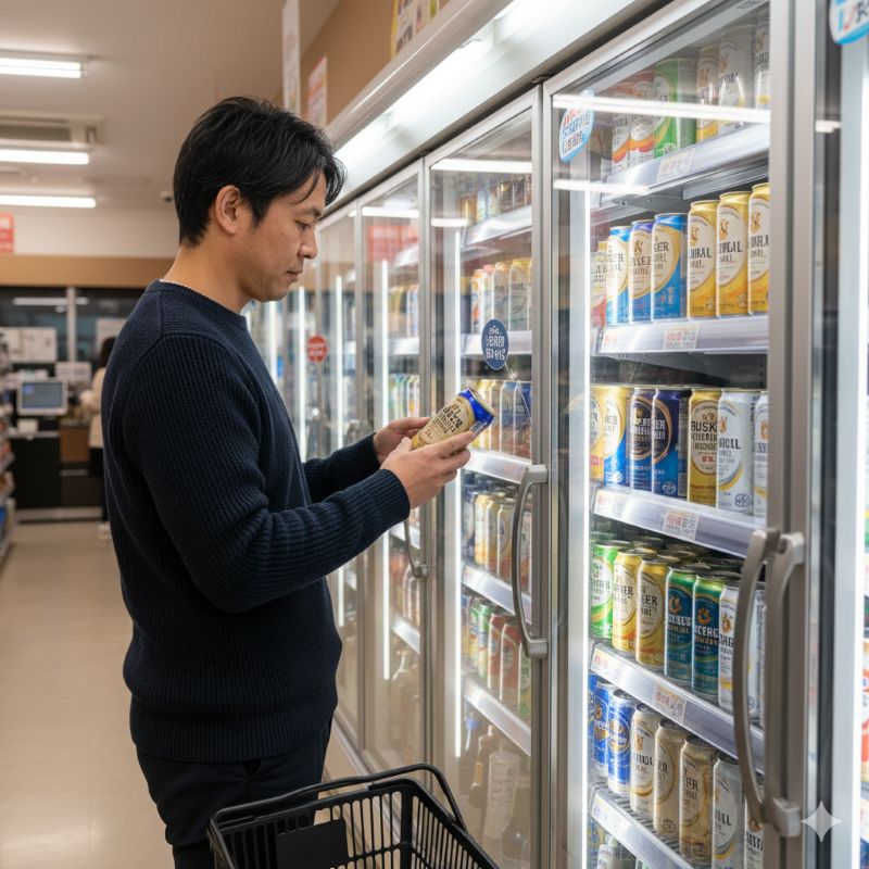 清潔なコンビニエンスストアの酒類棚で、最新のハイボール缶を手に取り、ラベルを見つめて選んでいる日本人男性。