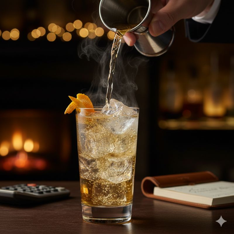 薄はりのグラスにぎっしりと入った透明なロックアイスに、炭酸が弾けるハイボールを静かに注ぐパーフェクト・サーブの瞬間。