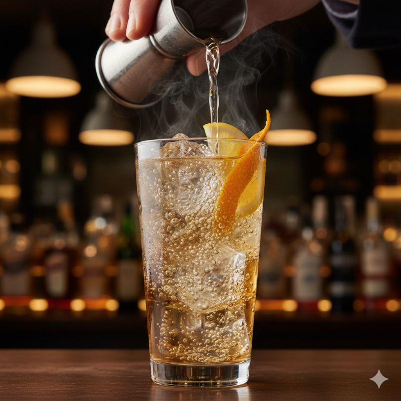 バーのような雰囲気の木製カウンターで、大きな氷とレモンが添えられた冷たくて爽快なハイボール。炭酸の泡が美しく弾けている様子。