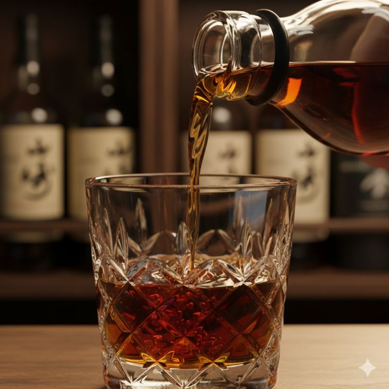 伝統的なカットが施されたグラスに注がれる琥珀色のウイスキー。熟成された原酒の深みと輝きを感じさせるクローズアップショット。