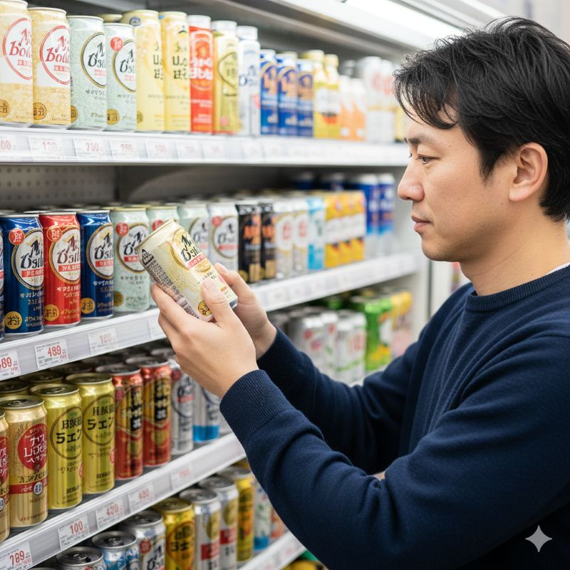 日本の清潔なコンビニエンスストアの飲料棚で、ハイボール缶を手に取り、品質を確かめるようにラベルを見ている日本人男性の横顔。