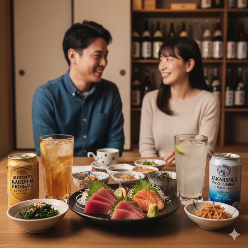 刺身や小鉢が並ぶ和風の食卓で、ウイスキーベースと焼酎ベースの2種類のハイボールが並べられた様子。食事とのペアリングをイメージしたシーン。