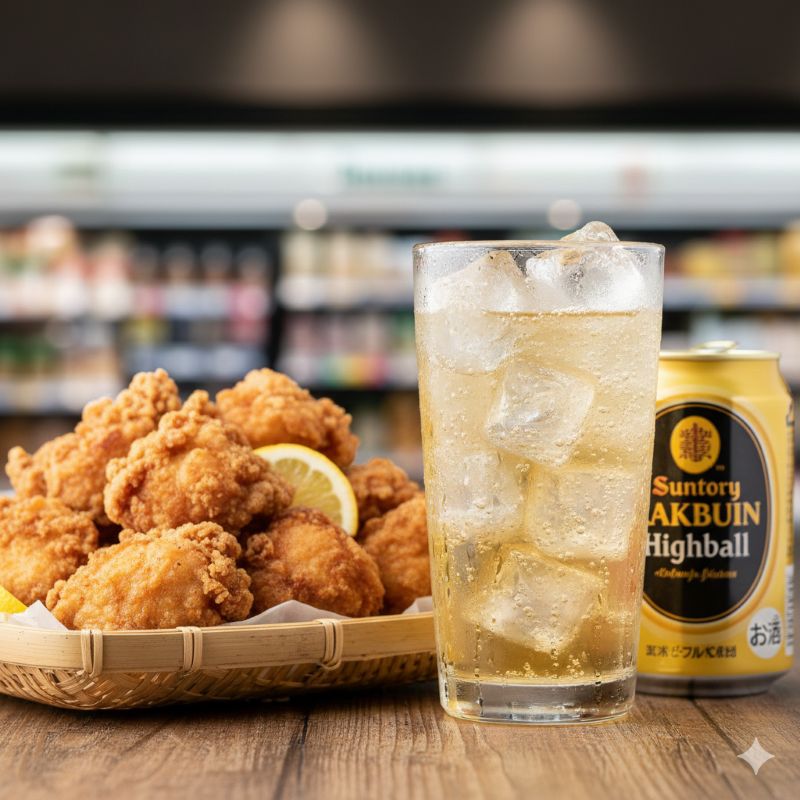 揚げたてのジューシーな鶏の唐揚げと、表面に水滴がついたキンキンに冷えたハイボールのセット。コンビニおつまみとの最高の組み合わせ。