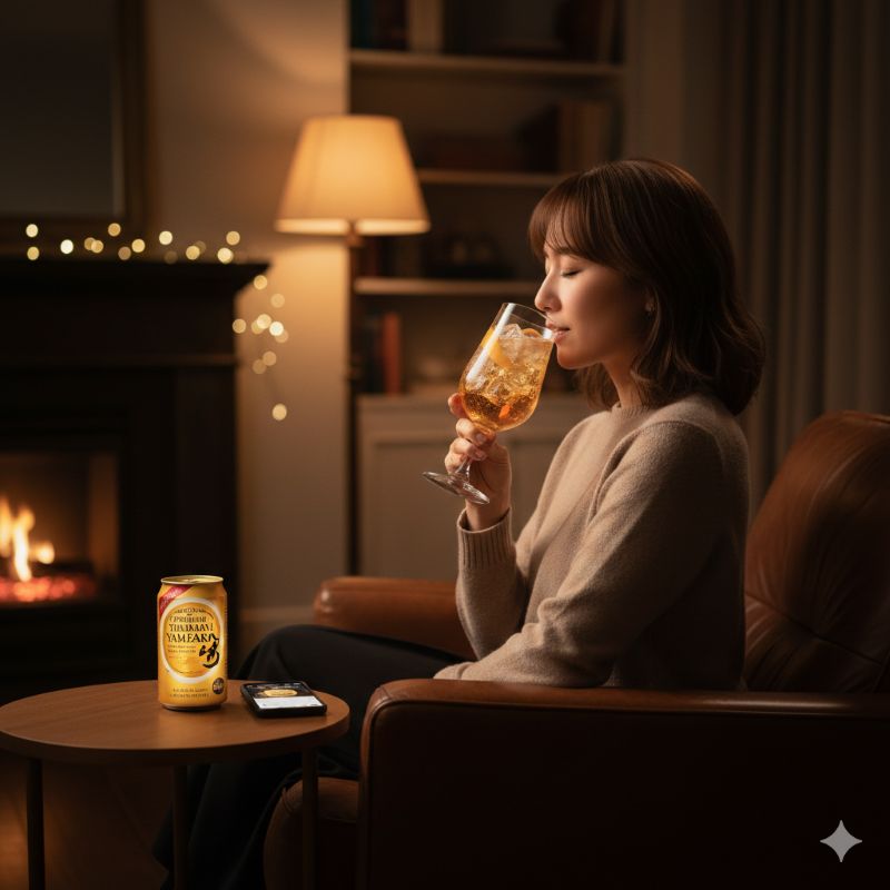 落ち着いた夜の室内で、お気に入りの椅子に座りながら至福のハイボールタイムを楽しむ日本人のリラックスした姿。運命の一杯との出会い。