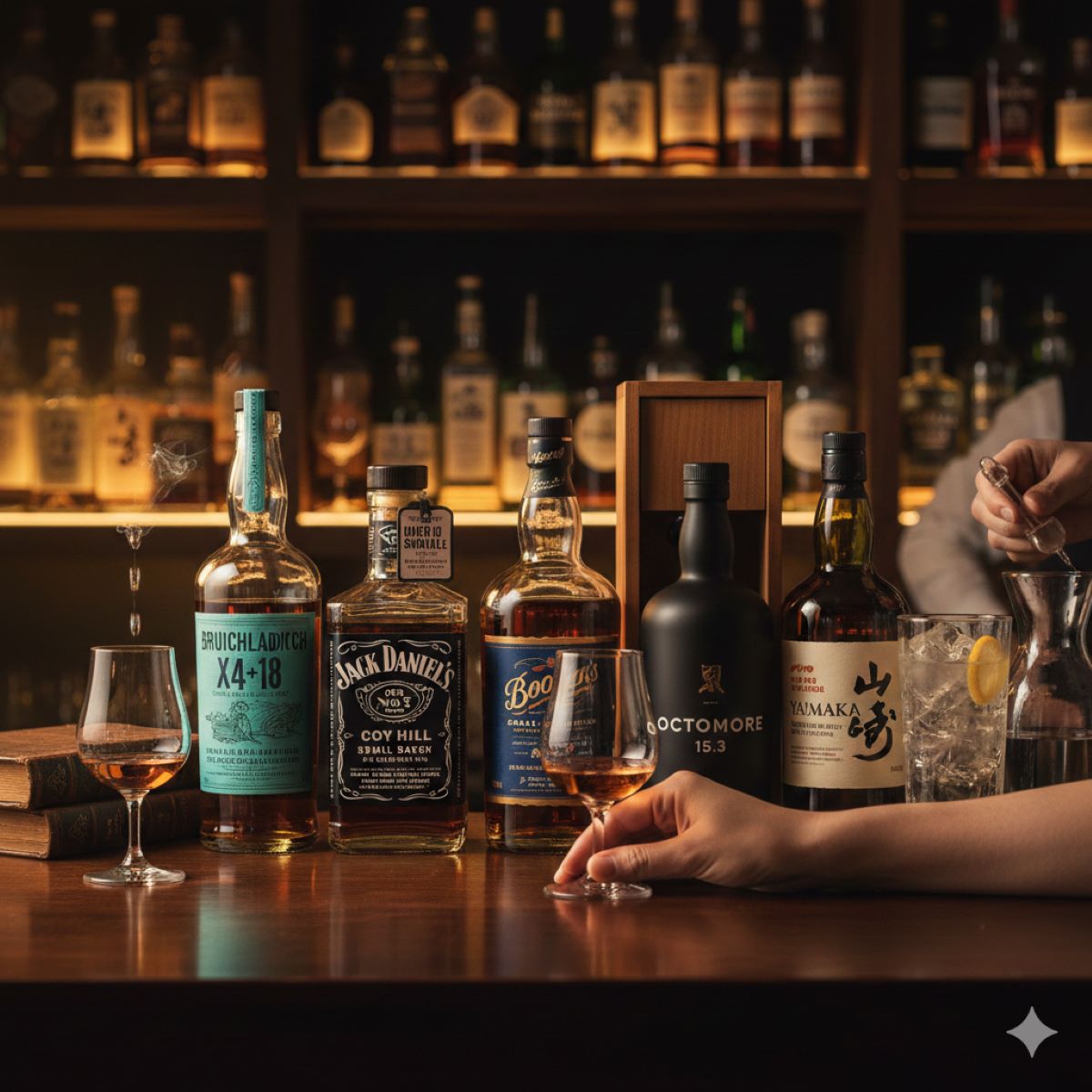 ウイスキーの度数が高いランキング銘柄が並ぶ高級感のあるバーカウンターの風景