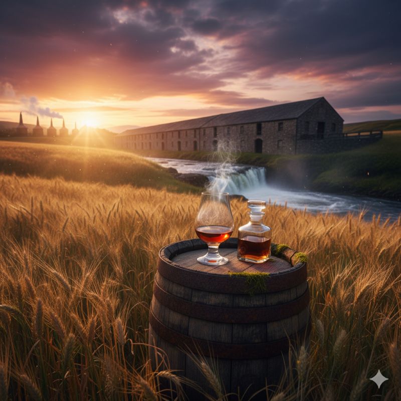 自然の恵みと熟成の時間を象徴するウイスキーの美しい夕暮れ時の情景