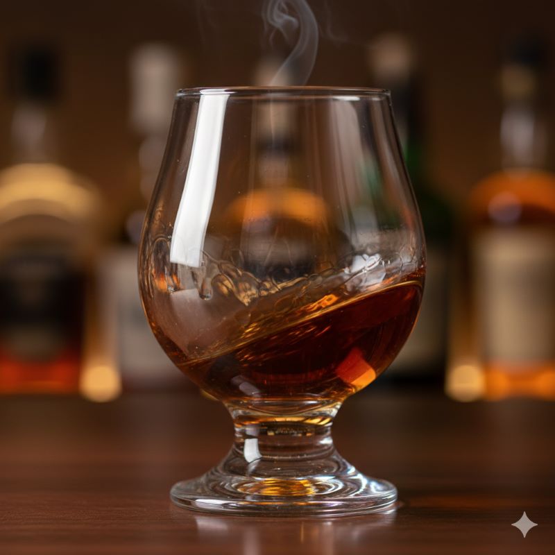 高いアルコール度数特有の粘性（レッグ）が美しい琥珀色のウイスキー