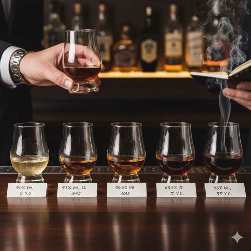 度数や熟成による個性の違いを並べて比較したウイスキーテイスティングの様子