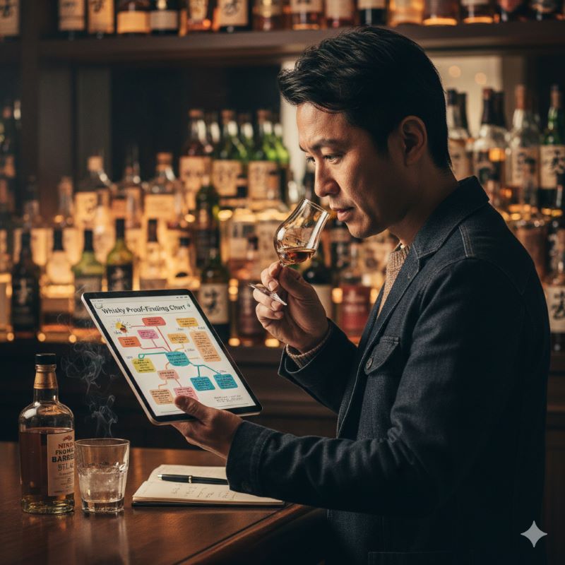 自分に合った度数のウイスキーを熱心に選ぶ日本人の姿