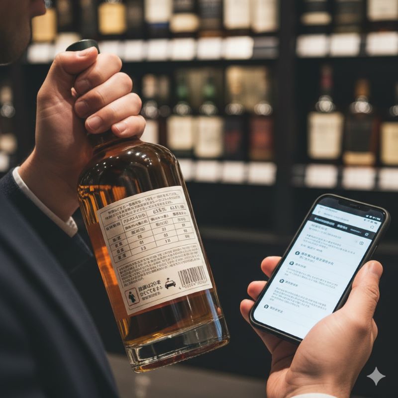健康に配慮するためウイスキーボトルのラベル表示を詳細に確認する様子