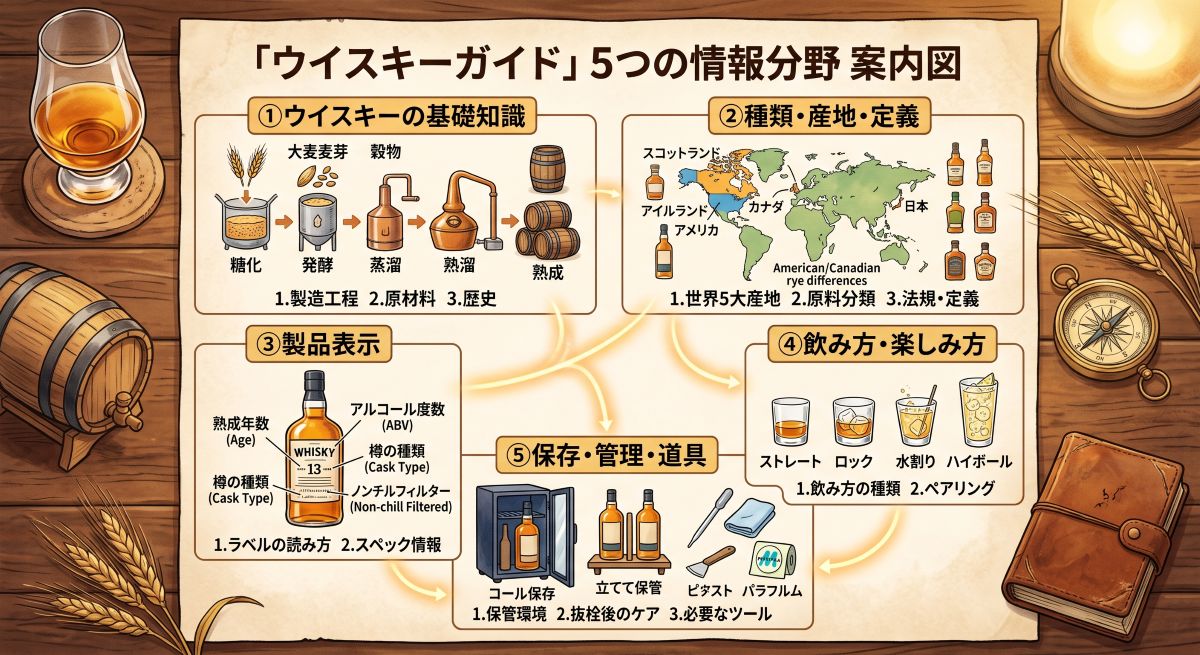 ウイスキーの基礎知識、種類と定義、製品表示、飲み方、保存方法の5分野を示したサイト案内図