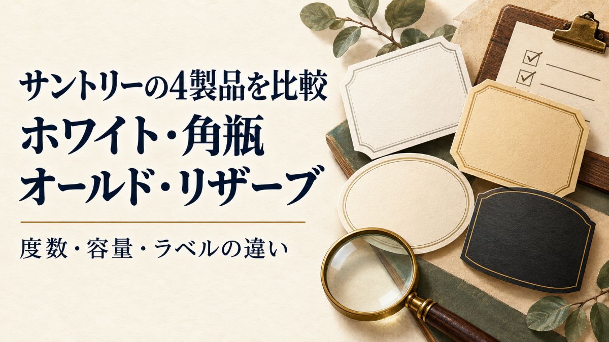 サントリーのホワイト・角瓶・オールド・リザーブの度数・容量・ラベルを比較する記事の案内画像